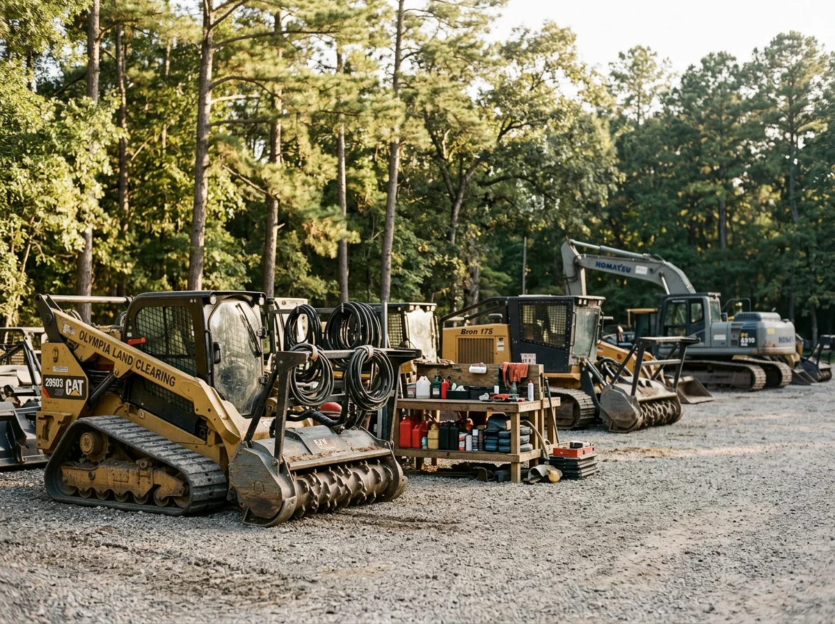 Heavy equipment and crew tools staged for land clearing operations, including forestry mulching and site preparation work.