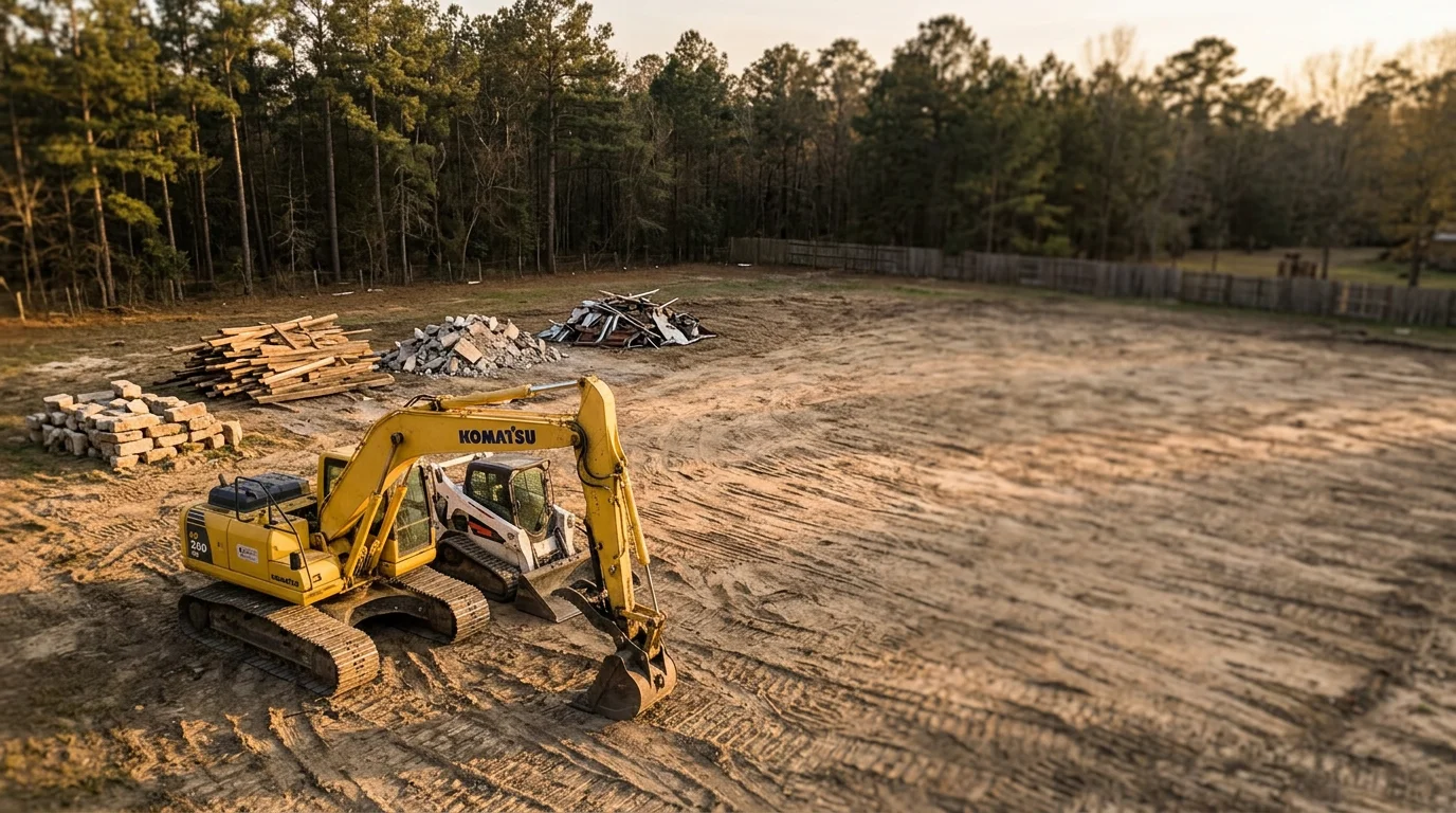 Demolition equipment removing a residential structure from a property