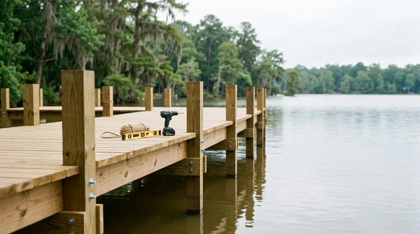 Newly constructed wooden dock extending into calm water at a residential property