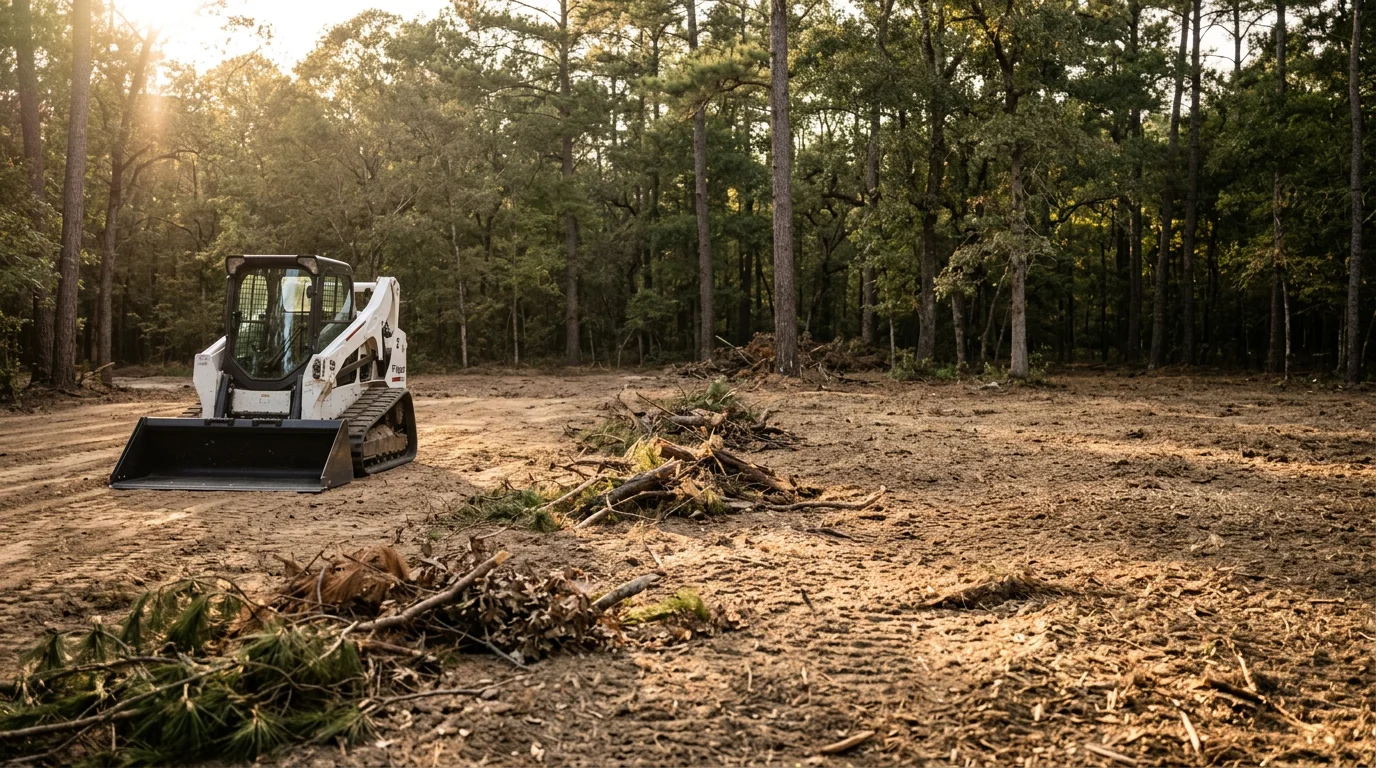 Heavy equipment clearing dense forest and brush from a large property