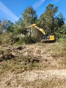 Yellow excavator clearing dense brush and trees from sloped terrain