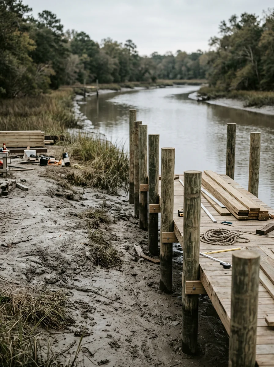 Pier and dock structure under construction on a canal property in the Golden Triangle area of Southeast Texas, with treated pilings set in soft tidal soil.