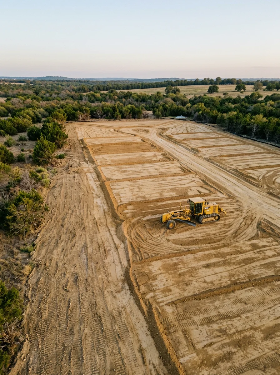 Aerial view of a cleared and graded subdivision site in Collin County, Texas, showing raw soil prepared for infrastructure installation with surrounding undeveloped brush land.