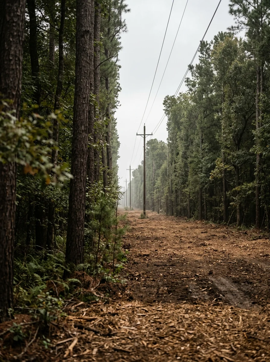 Power right of way corridor cleared through wooded terrain near Houston, TX showing a wide, accessible path with mulched ground cover and standing timber on both sides.