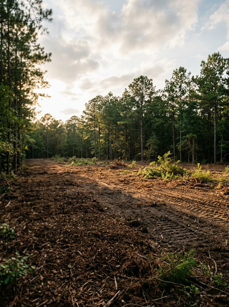 Cleared rural acreage near Huntsville, TX showing a freshly mulched homesite with standing pine timber preserved along the back property line.