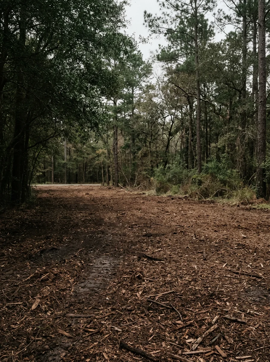 Wide view of a freshly cleared subdivision lot in Magnolia, TX showing mulched ground cover and standing timber preserved along the property line.