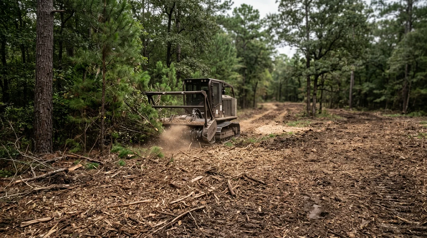 Forestry mulcher clearing dense pine and hardwood understory on a large acreage tract in Montgomery County, Texas, with cleared ground visible in the foreground.