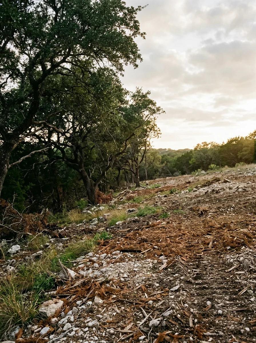 Cleared homesite on a Hill Country acreage property near New Braunfels, TX showing mulched cedar debris on rocky ground with native oaks preserved along the property edge.