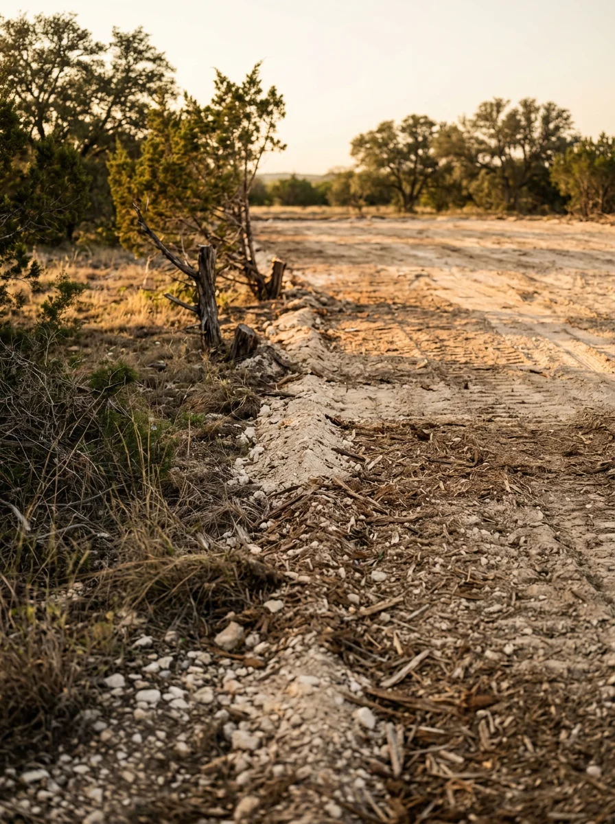 Cleared and graded site prep pad on a new subdivision tract near San Antonio, TX with cedar brush mulched to ground level and raw caliche soil exposed.