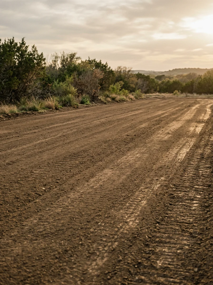 Cleared and graded site prep pad on a development lot near Waco, TX showing raw Blackland clay soil leveled and ready for foundation work with surrounding brush visible.