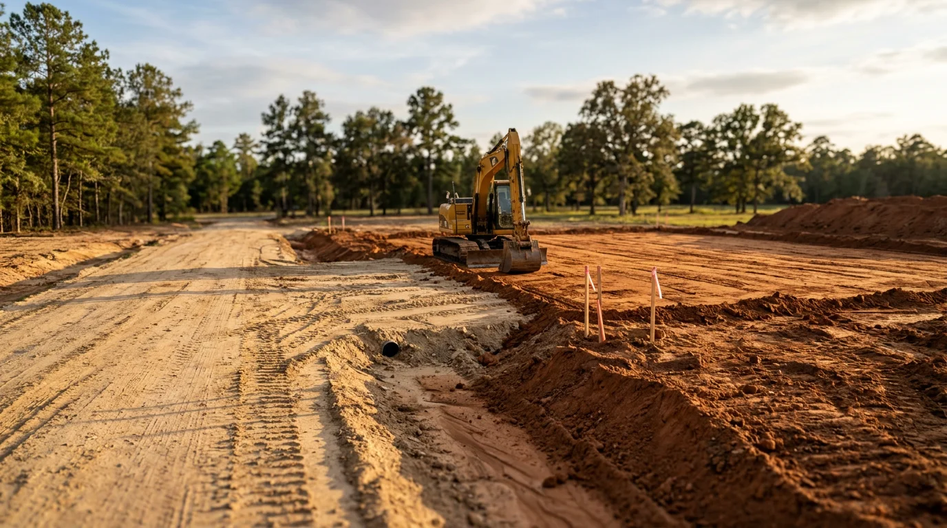 A graded and cleared building site in Magnolia, Texas with level soil and defined drainage slope ready for foundation work. Heavy equipment tracks are visible across the prepared ground with surrounding trees at the property edge.