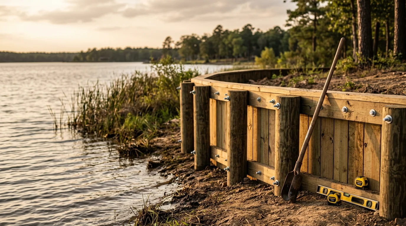 A newly installed vertical bulkhead retaining wall along a calm lake shoreline in Magnolia, Texas, with a grassy yard meeting a clean waterline edge. The structure holds the soil bank in place directly adjacent to a private residential dock area.