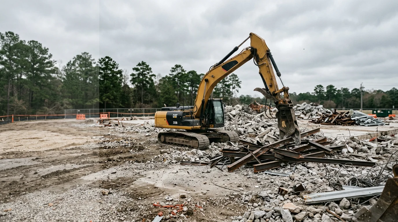 A commercial building in Magnolia, Texas being demolished by heavy equipment, with the structure partially torn down and the surrounding site cleared. Rubble and exposed framing are visible as the demolition progresses on a clear day.