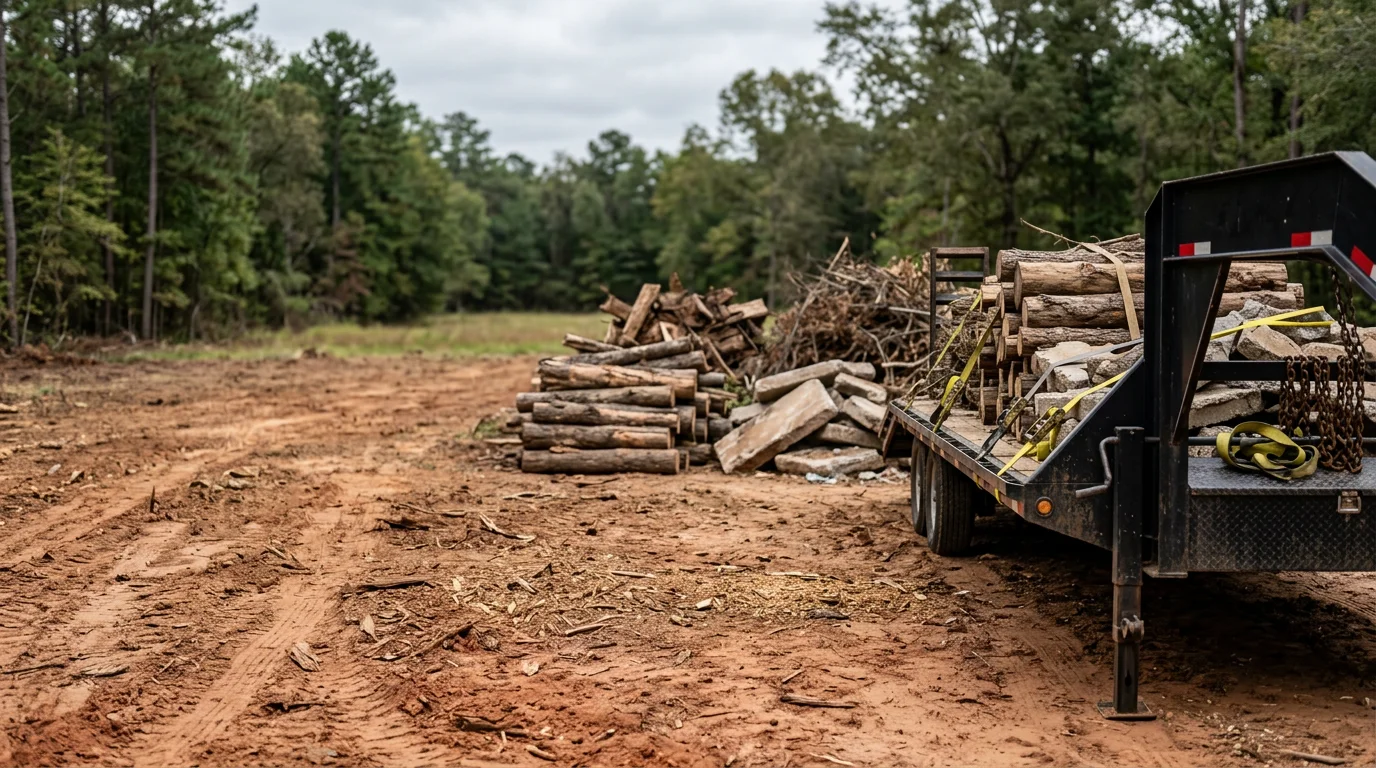 A cleared property in Magnolia, Texas with brush piles and wood debris loaded onto a haul truck, leaving the land open and flat. Surrounding pine trees and rural acreage visible in the background.