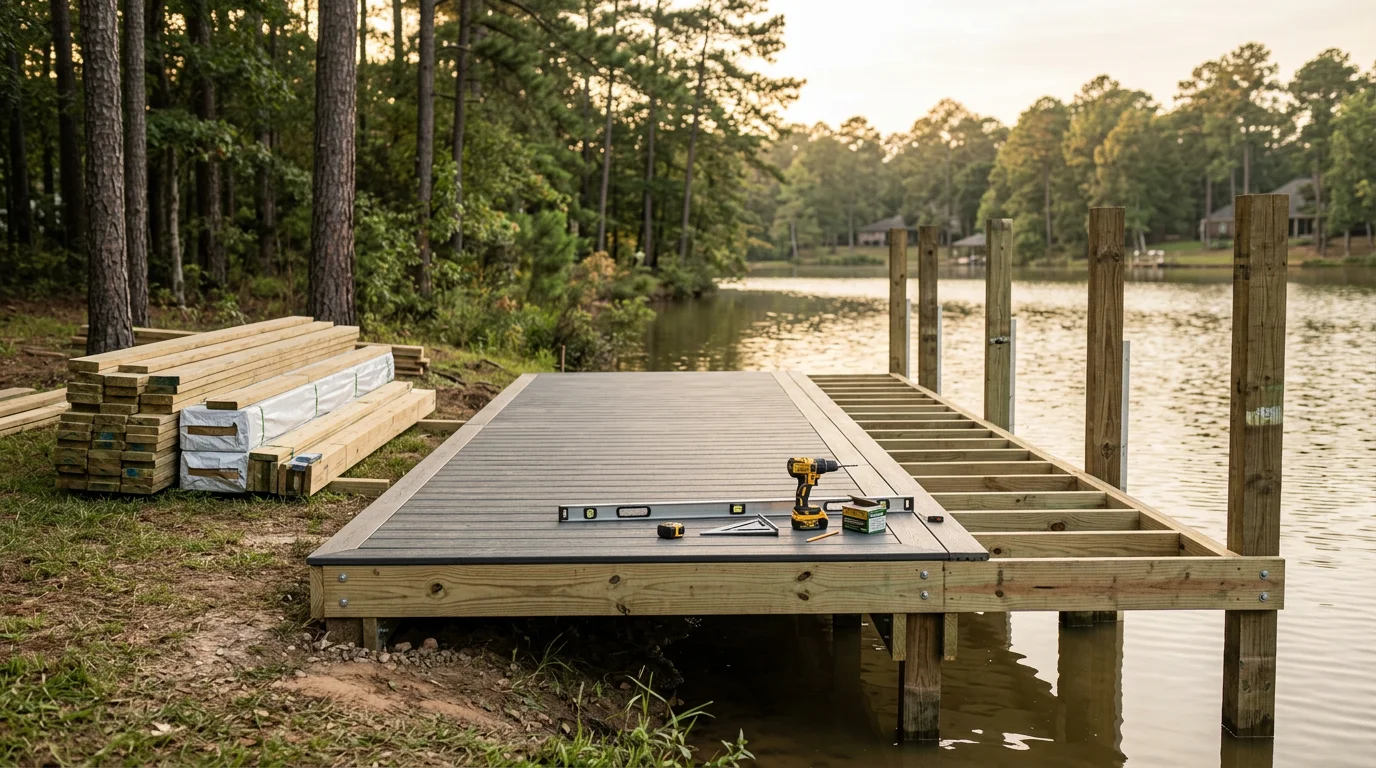 A newly installed wooden dock extending from a grassy shoreline into a calm private lake in Magnolia, Texas. The dock features open decking and is anchored to a gently sloping bank under a clear Texas sky.