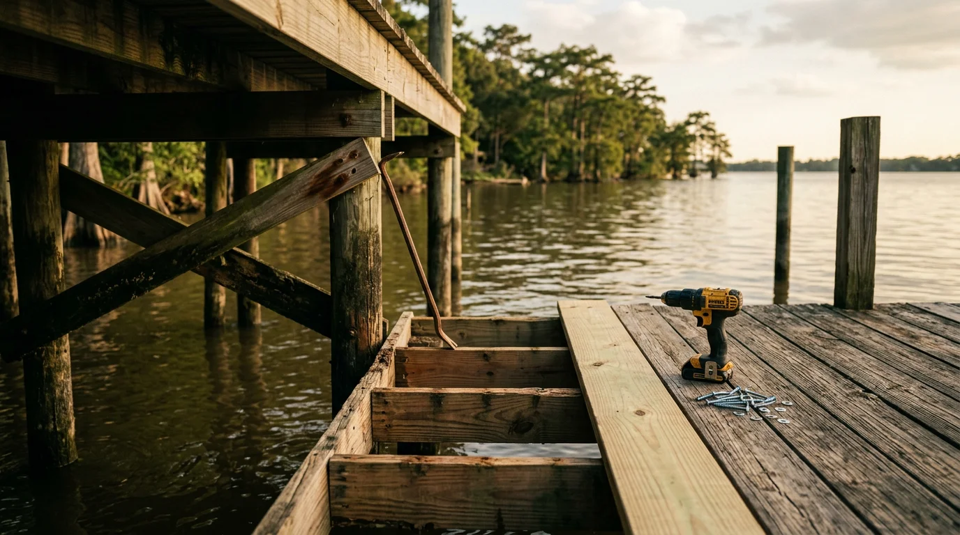 A repaired wooden dock on a calm Texas lake near Magnolia, showing replaced deck boards and restored support pilings along a residential waterfront property. The dock surface is clean, level, and structurally sound with no visible rot or damage.