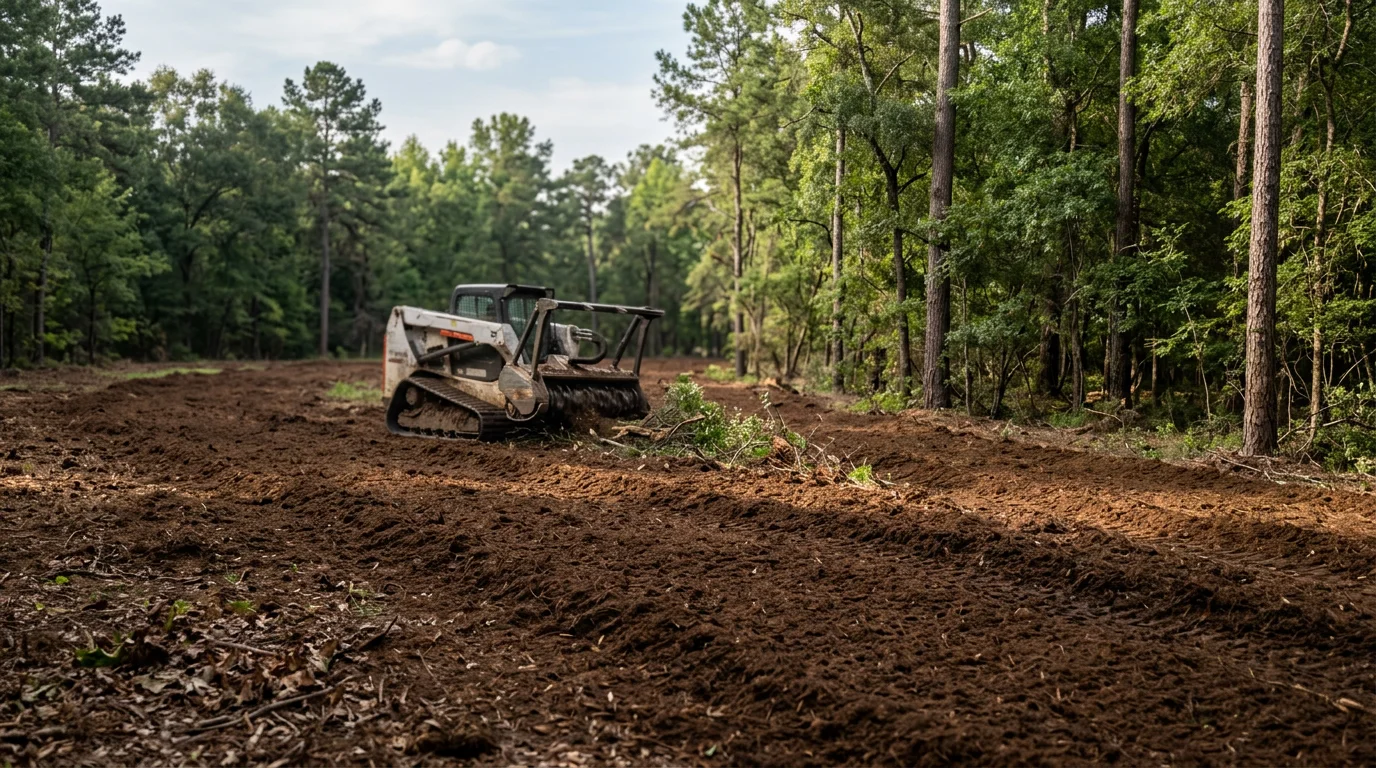 A forestry mulcher clearing dense brush and small trees on a wooded residential property in Magnolia, Texas. The cleared area shows a uniform layer of wood chip mulch left on the ground with standing trees preserved along the property line.