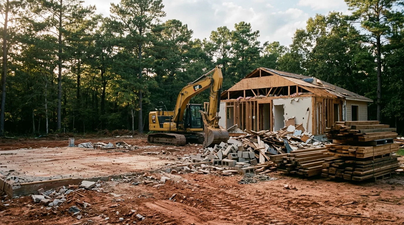 A residential structure in Magnolia, Texas being demolished by heavy equipment, with the home reduced to a cleared lot surrounded by trees. The site shows exposed foundation and a clean perimeter ready for the next phase of land use.