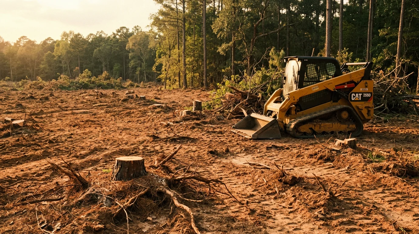 A Magnolia, Texas wooded lot after land clearing, showing open ground with stumps and brush removed and the surrounding pine tree line visible at the property edge. The cleared area is flat and debris-free, ready for site preparation.