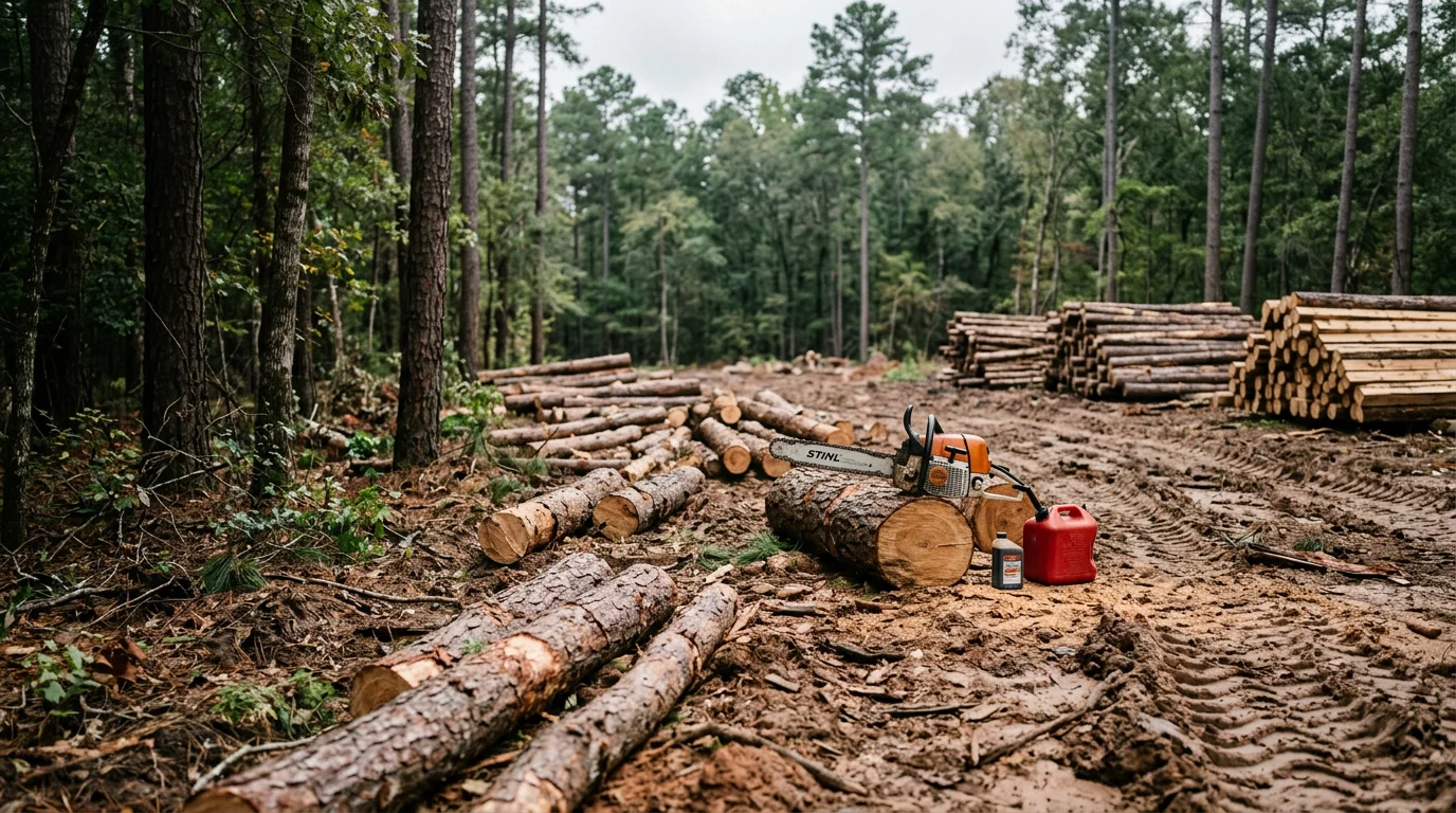 A wooded pine and hardwood tract in Magnolia, Texas after professional logging, with felled timber staged for removal and open ground visible between remaining trees.