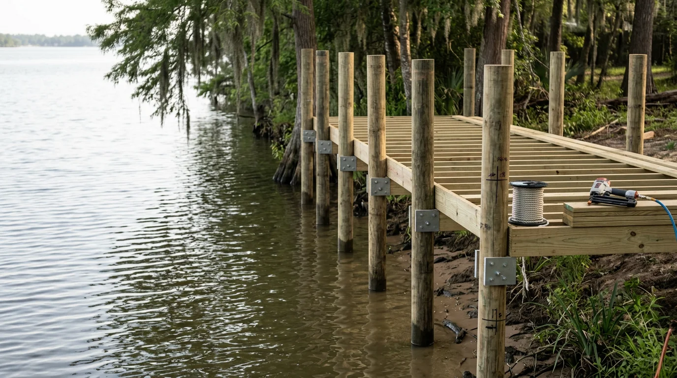 A newly installed pier extending from a Texas shoreline into calm lake water, with wooden pilings set into the bank and a flat deck surface running out to deeper water. The surrounding landscape reflects the wooded, rural character common to waterfront properties in the Magnolia and Huntsville area.