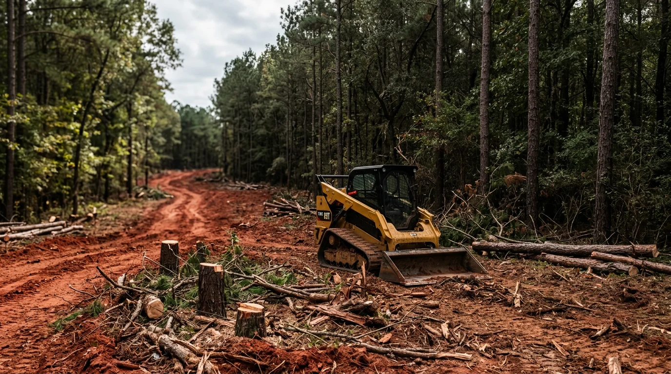 A cleared right-of-way corridor through dense timber and brush in Magnolia, Texas, with stumps and undergrowth removed to expose a wide, open access path. The surrounding trees remain intact while the corridor is fully passable for utility crews and equipment.