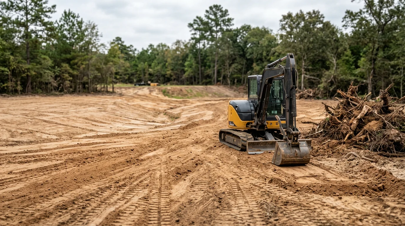A graded and cleared building site in Magnolia, Texas with exposed soil leveled and ready for construction. Surrounding pine trees and brush mark the cleared boundary of the prepared lot.
