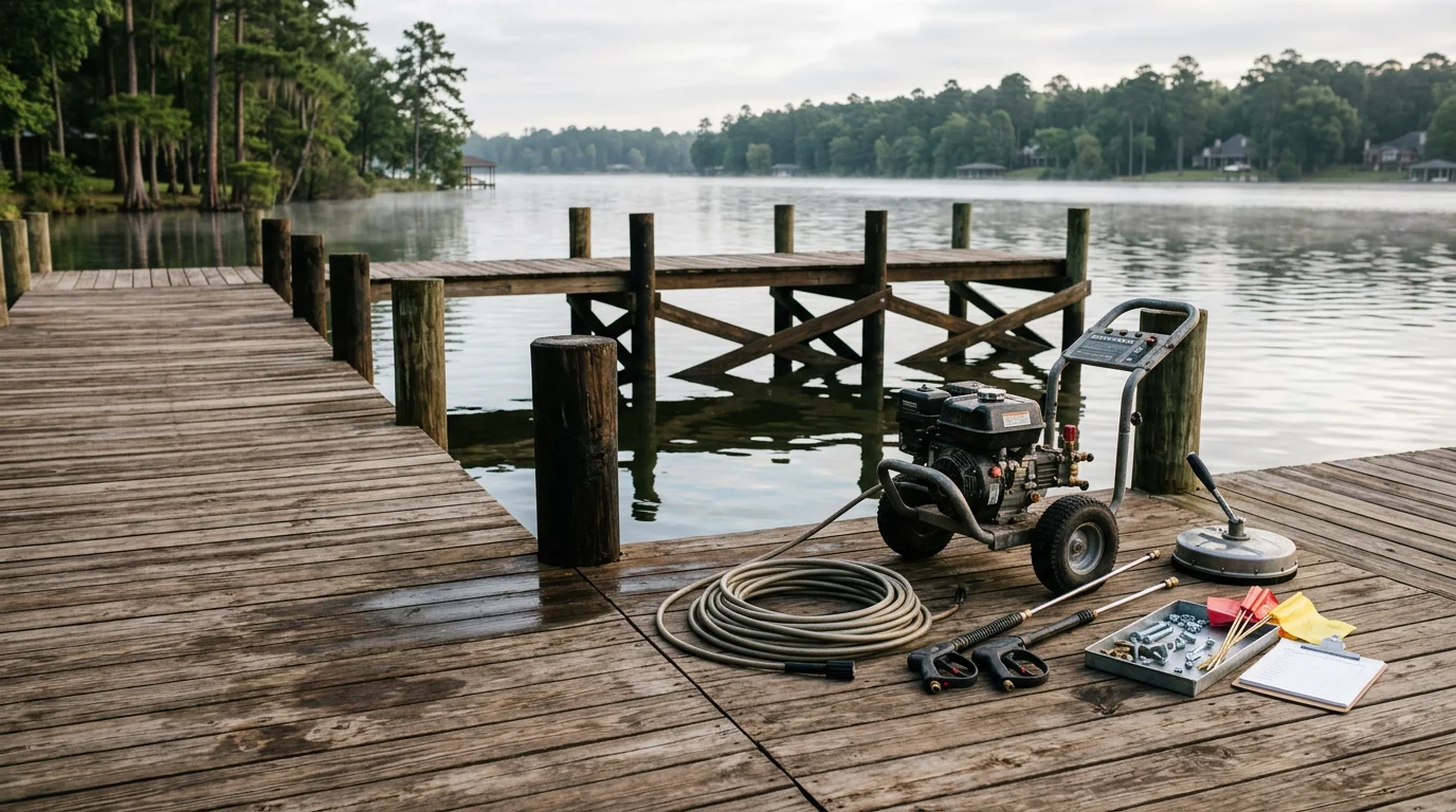 A dock and pier structure on a calm Texas lake near Magnolia receiving hands-on maintenance work, with a technician inspecting decking boards and piling connections along the shoreline.